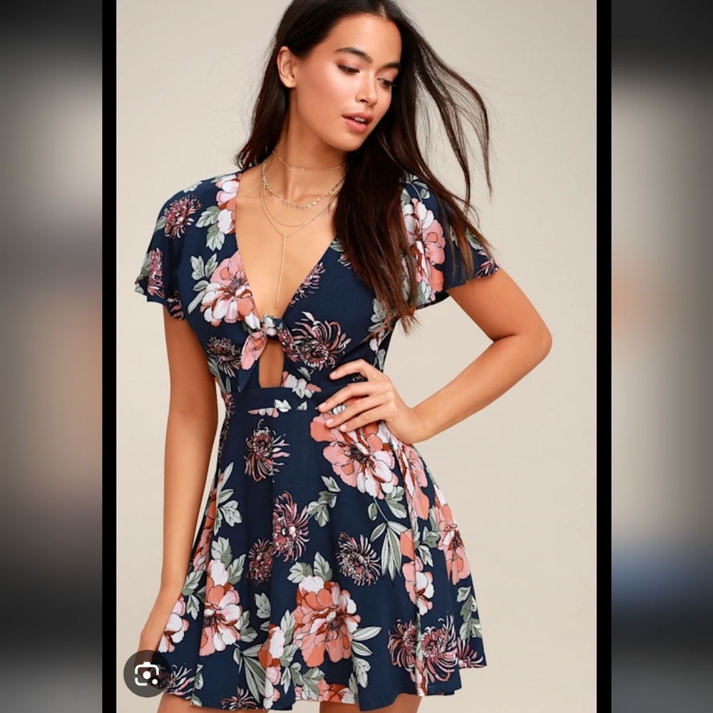 Lulu's Navy Floral Front Tie Mini Dress XS